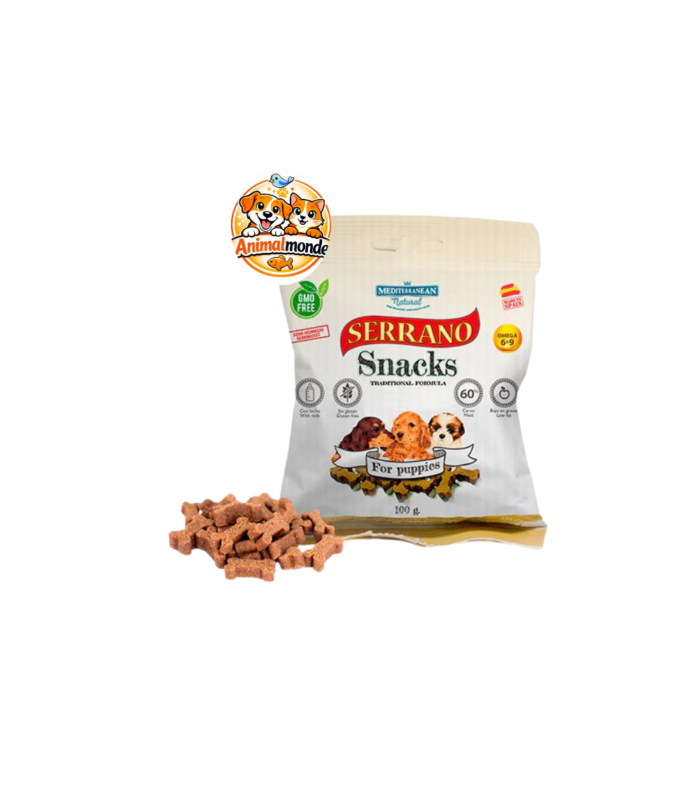 Mediterranean Natural Serrano Snacks pour Chiot au Lait 100g Friandises semi-humides premium pour chiot, riches en viande fraîche et enrichies en lait pour le bon développement osseux et dentaire, formule hypoallergénique sans gluten.