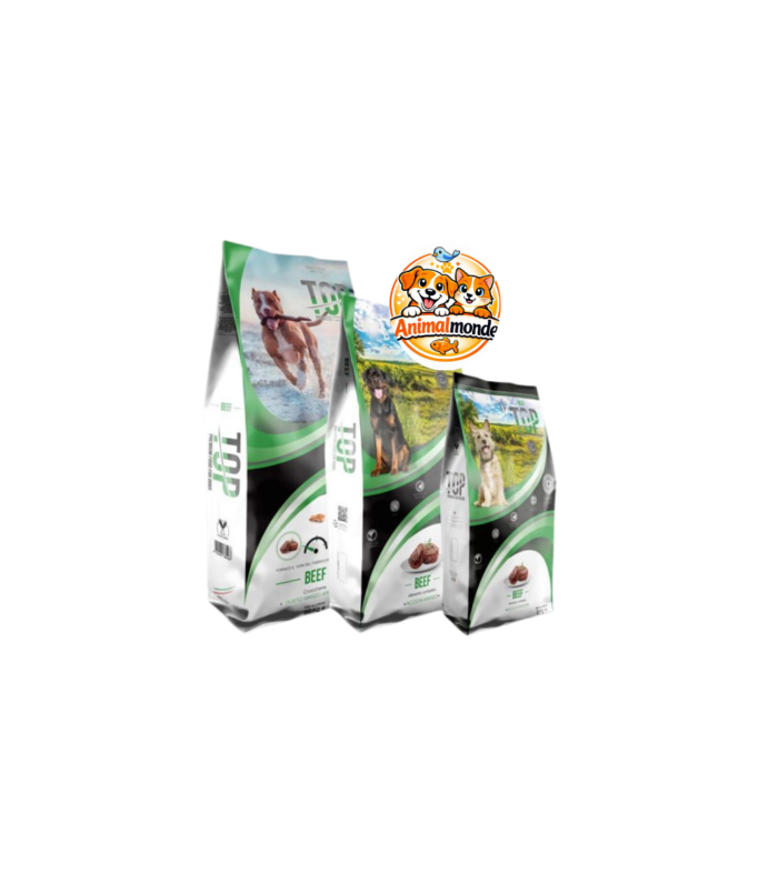 TOP Beef Premium Food for Dogs Une recette au bœuf savoureuse et équilibrée pour maintenir votre chien en pleine forme chaque jour.