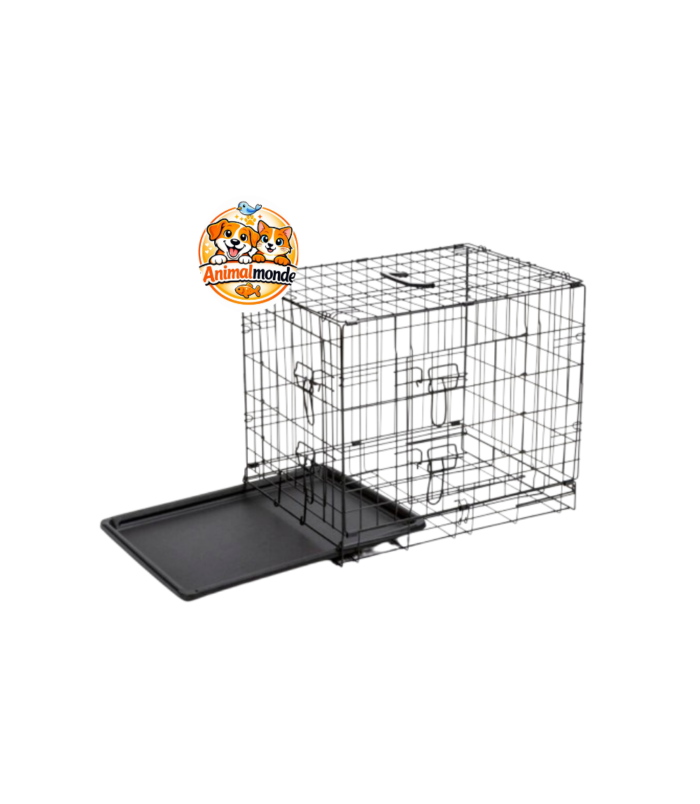 Une cage métallique robuste dotée d'un double système de verrouillage et d'un bac amovible pour un confort sécurisé.