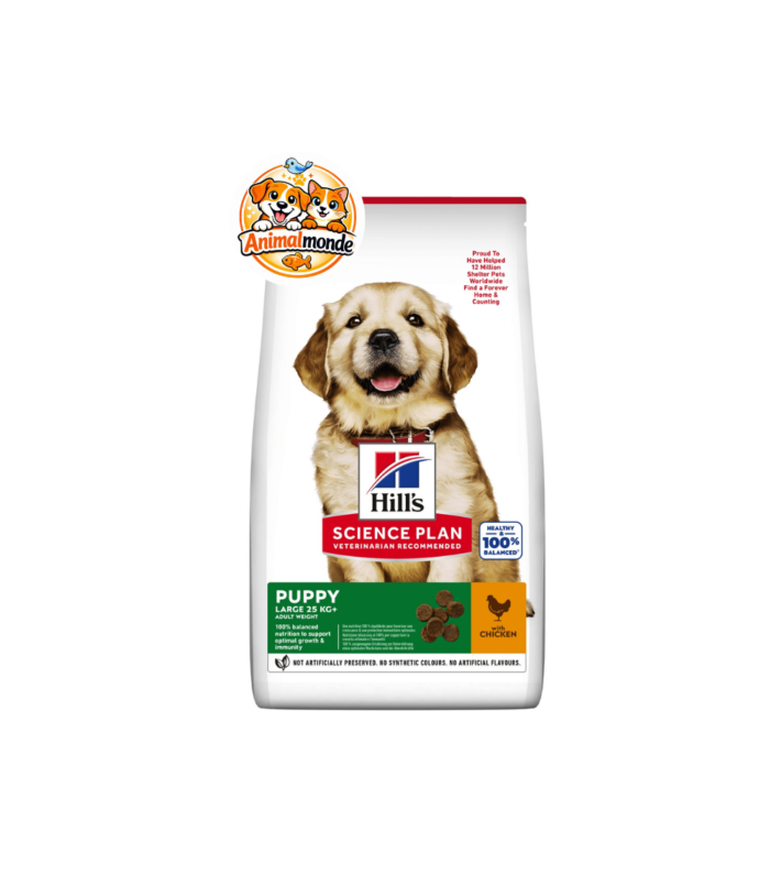 Une nutrition complète au poulet spécialement formulée pour favoriser la croissance, l’immunité et le développement sain des chiots de grande race.