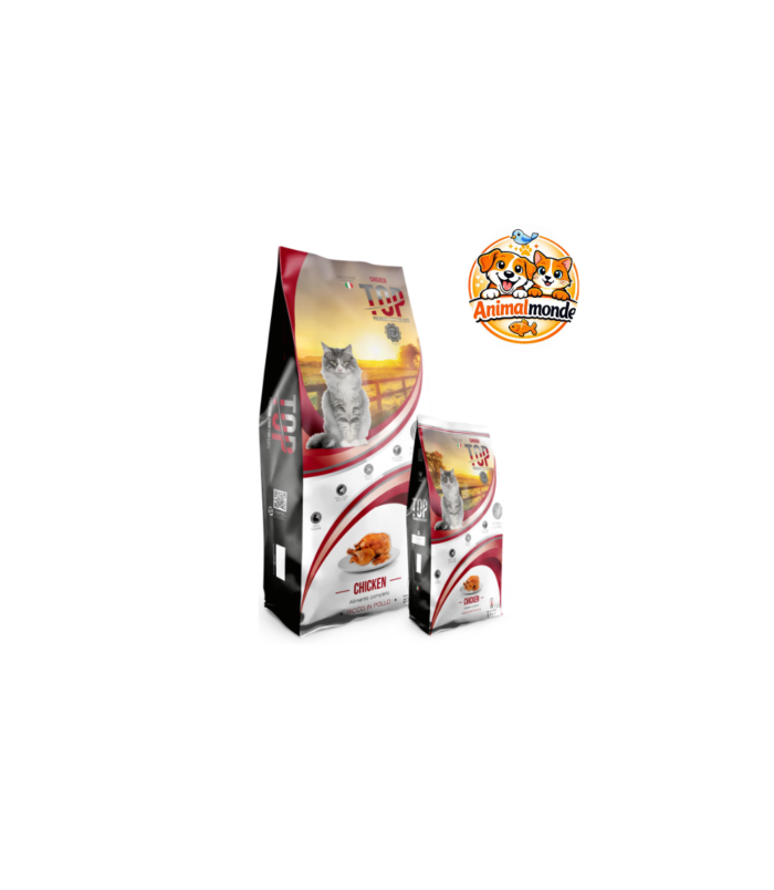 TOP Cat Chicken Premium Food for Cats Ricco in Pollo Une alimentation complète et digeste au poulet pour la santé cardiaque et le bien-être quotidien des chats.