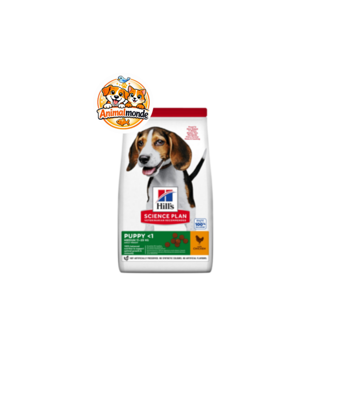 Hill's Science Plan Puppy <1 Medium 11-25 kg with Chicken Une nutrition complète au poulet spécialement conçue pour accompagner la croissance, l’immunité et le développement optimal des chiots de taille moyenne.