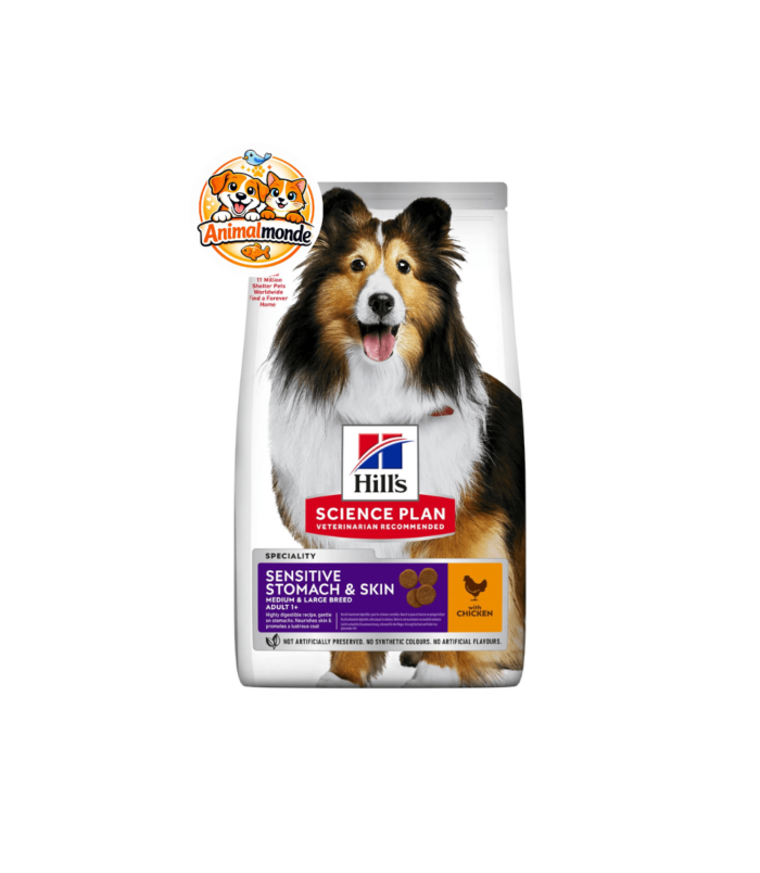 Une nutrition au poulet spécialement conçue pour soutenir la digestion sensible et favoriser une peau saine ainsi qu’un pelage brillant chez les chiens adultes de taille moyenne et grande.