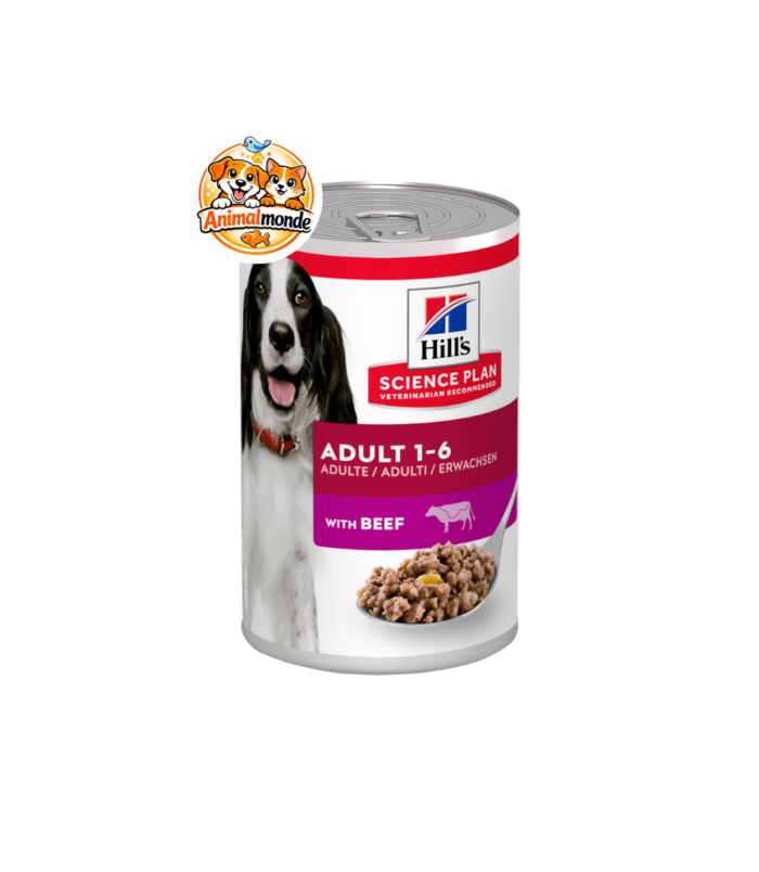 Hill's Science Plan Adult 1-6 with Beef Une délicieuse pâtée au bœuf offrant une nutrition complète et équilibrée pour maintenir la vitalité des chiens adultes actifs.