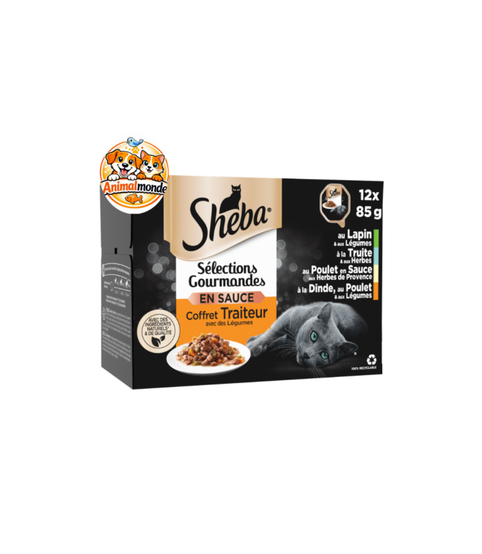 Sheba Sélections Gourmandes En Sauce Coffret Traiteur avec des Légumes 12x85g Un coffret traiteur raffiné aux ingrédients naturels offrant une variété de délicieuses bouchées en sauce pour votre chat.