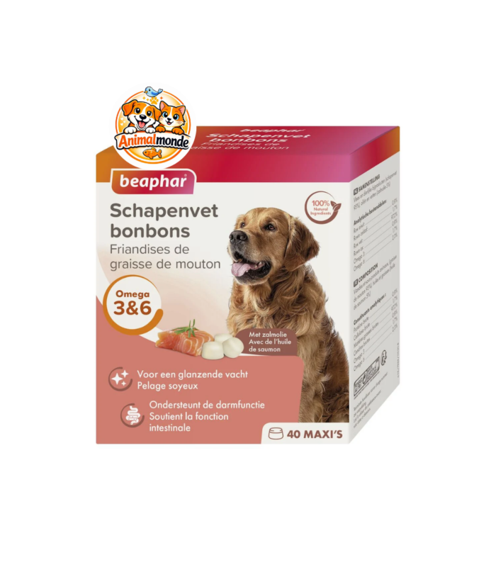 De délicieuses friandises à la graisse de mouton et à l’huile de saumon pour un pelage brillant, une peau saine et un confort digestif optimal.