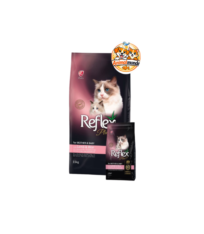 Reflex Plus Mother & Baby Lamb & Rice Cat Food Des croquettes super premium à l'agneau et au riz riches en protéines animales (92%) et prébiotiques XOS, idéales pour la croissance saine des chatons et le soutien de leur mère.