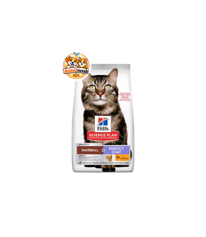 Hill's Science Plan Hairball & Perfect Coat Adult 1+ with Chicken Une formule experte au poulet qui aide à réduire les boules de poils tout en favorisant un pelage sain, doux et éclatant.