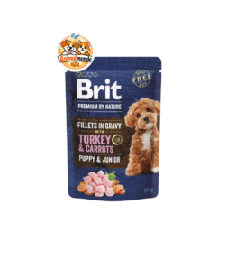 De tendres filets de dinde en sauce avec carottes pour accompagner la croissance saine et le développement harmonieux des chiots et jeunes chiens.