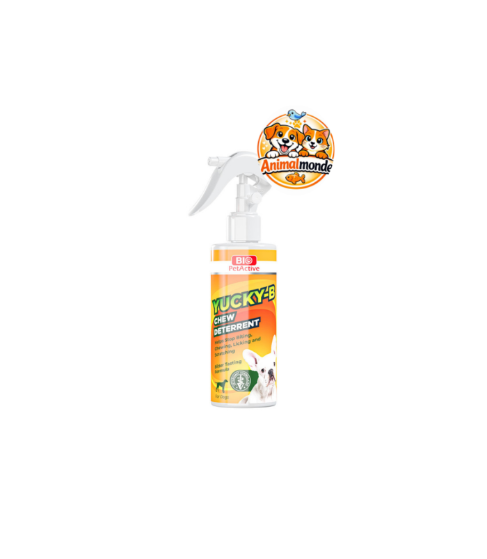 Un spray répulsif au goût amer qui aide à prévenir le mordillage, le léchage et la mastication excessive chez les chiens tout en protégeant les objets du quotidien.