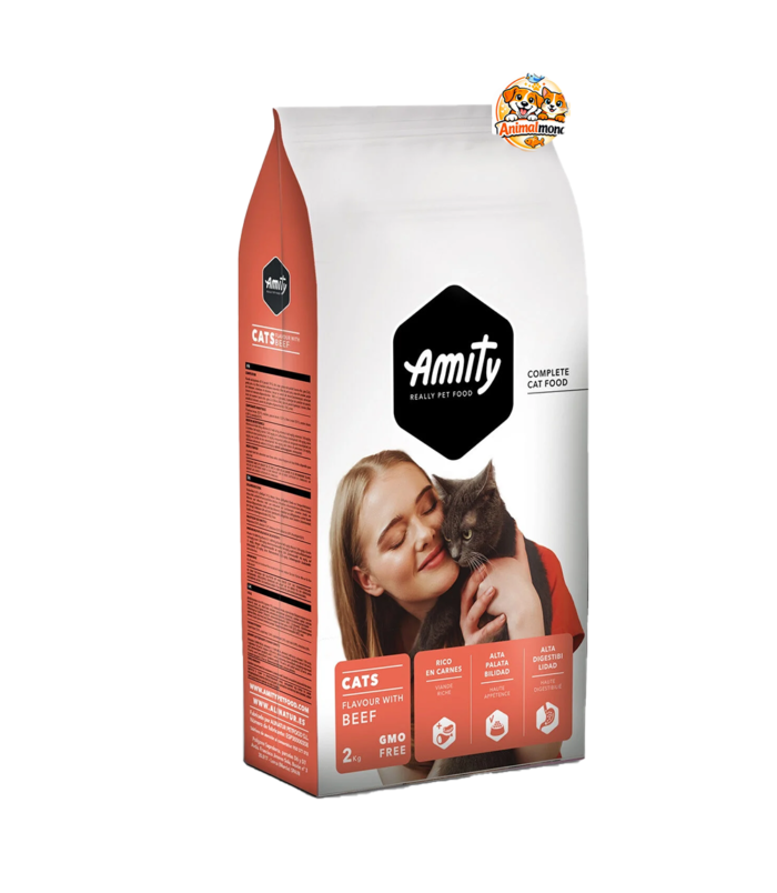 Amity Cats Flavour with Beef – Complete Cat Food 2 Kg Des croquettes complètes au bœuf offrant une nutrition équilibrée, une excellente digestibilité et une saveur irrésistible pour les chats adultes
