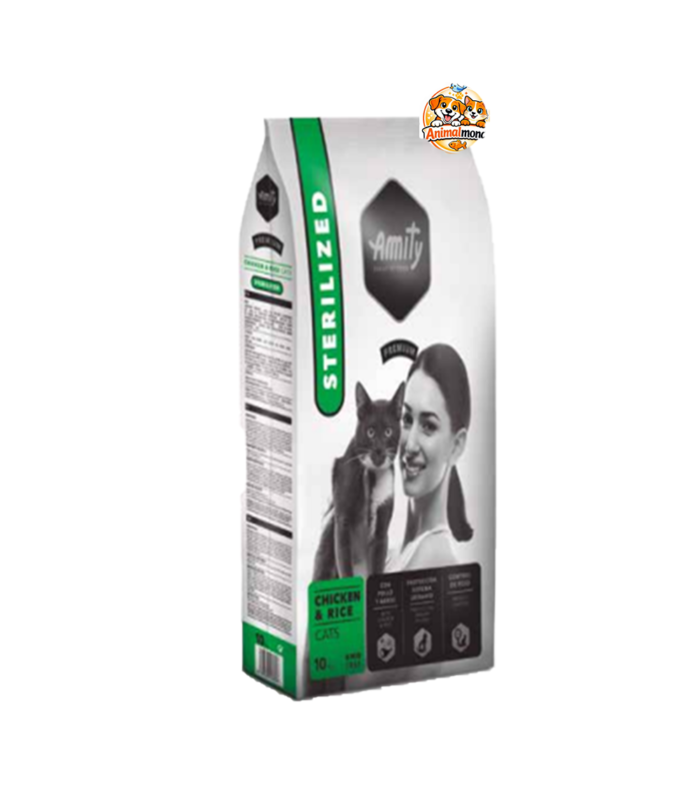 Amity Premium Sterilized Chicken & Rice Cats Des croquettes premium au poulet et au riz spécialement conçues pour les chats stérilisés, avec soutien urinaire et contrôle du poids.