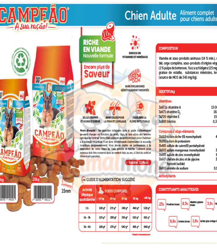 Des croquettes complètes et savoureuses pour chiens adultes, conçues pour soutenir leur vitalité, leur digestion et leur condition physique jour après jour.