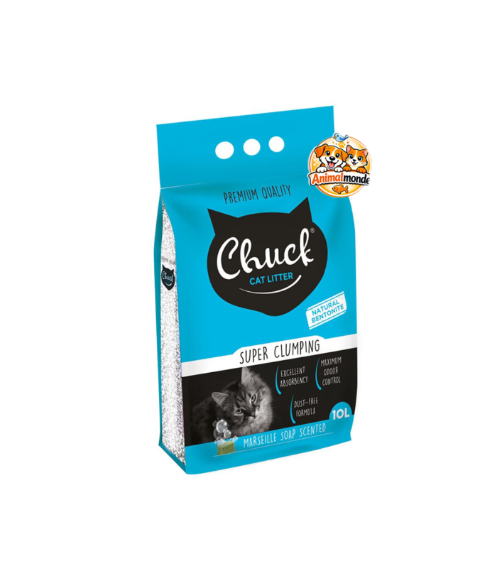 Chuck Cat Litter Super Clumping Marseille Soap Scented 10L Une litière agglomérante parfumée au savon de Marseille pour une fraîcheur et une propreté incomparables.