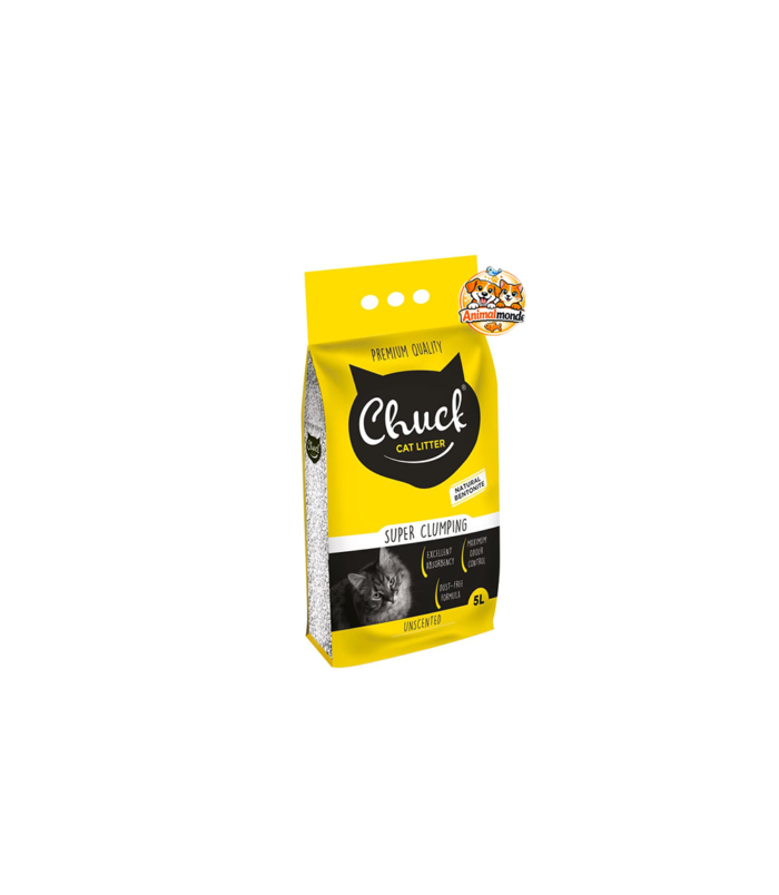 Chuck Cat Litter Super Clumping Unscented 5L Une litière agglomérante sans parfum qui allie efficacité, propreté et confort au quotidien.