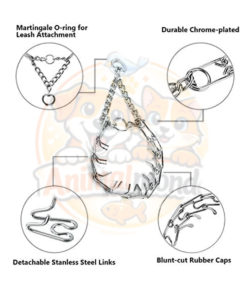 Collier Étrangleur à Griffes pour Chien 1 Le Collier Étrangleur à Griffes pour Chien est un accessoire de dressage conçu pour aider à corriger les comportements de traction lors des promenades. Fabriqué en acier inoxydable robuste avec finition chromée, il offre une excellente résistance à l’usure et à la corrosion. Son système à maillons amovibles permet d’ajuster facilement la taille du collier en fonction du tour de cou du chien. Les extrémités des griffes sont protégées par des embouts afin d'améliorer le confort de l’animal. Convient particulièrement aux chiens de taille moyenne à grande lorsqu'il est utilisé de manière responsable et sous surveillance. Avantages : > Acier inoxydable résistant : Durable et anticorrosion. Taille ajustable : Maillons amovibles pour un ajustement personnalisé. Embouts de protection : Confort amélioré pour le chien. Anneau solide pour laisse : Fixation sécurisée et fiable. Idéal pour le dressage : Aide à limiter les tractions excessives.