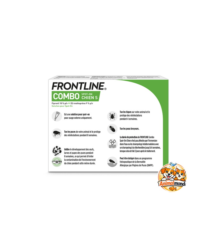 FRONTLINE COMBO SPOT-ON CHIEN S – 2-10 kg – 4 Pipettes de 0,67 ml 1 La solution antiparasitaire idéale pour protéger efficacement les petits chiens contre les parasites externes.