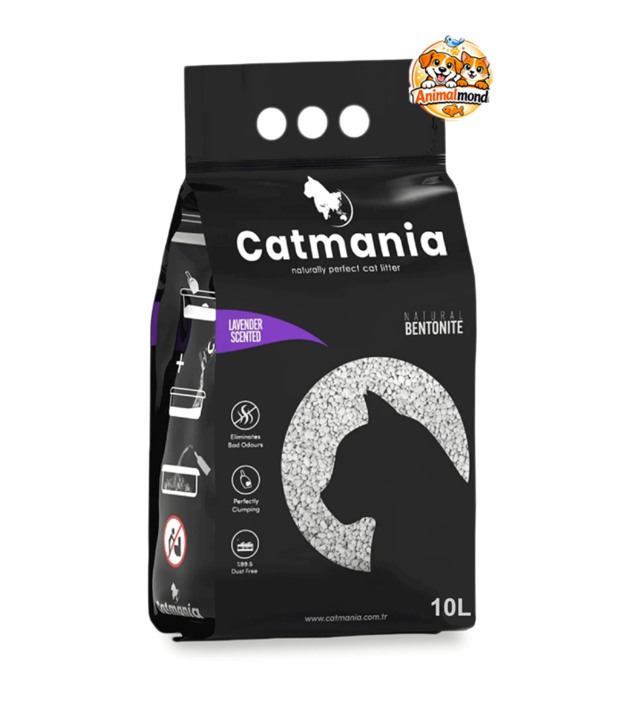 Litière agglomérante Catmania Lavande 10L à base de bentonite naturelle, absorbante, peu poussiéreuse et efficace contre les mauvaises odeurs.