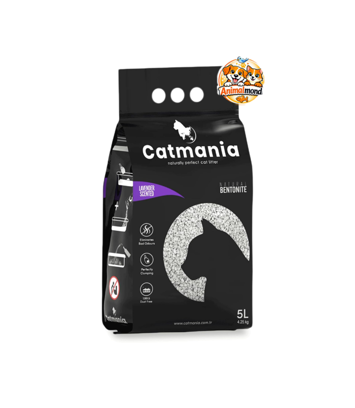 Litière Catmania Lavande 5L Litière agglomérante Catmania Lavande 5L à base de bentonite naturelle, absorbante, peu poussiéreuse et efficace contre les mauvaises odeurs.
