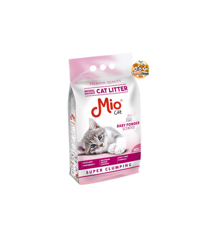 Mio Cat Cat Litter Baby Powder Scented Super Clumping 10L Une litière premium au parfum doux de poudre pour bébé pour une hygiène optimale et un confort durable.