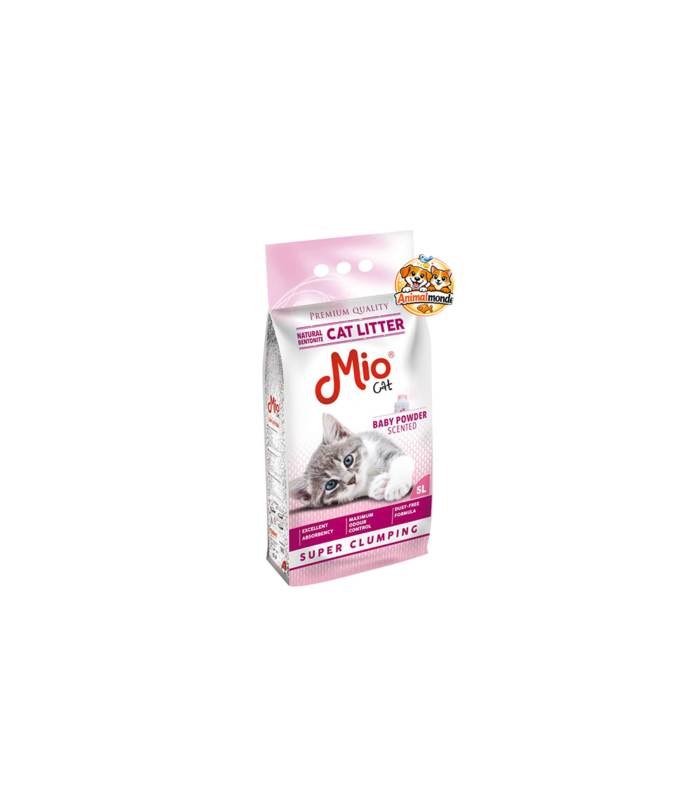 Mio Cat Cat Litter Baby Powder Scented Super Clumping 5L Une litière agglomérante au parfum poudre pour bébé pour une fraîcheur douce et une hygiène parfaite.