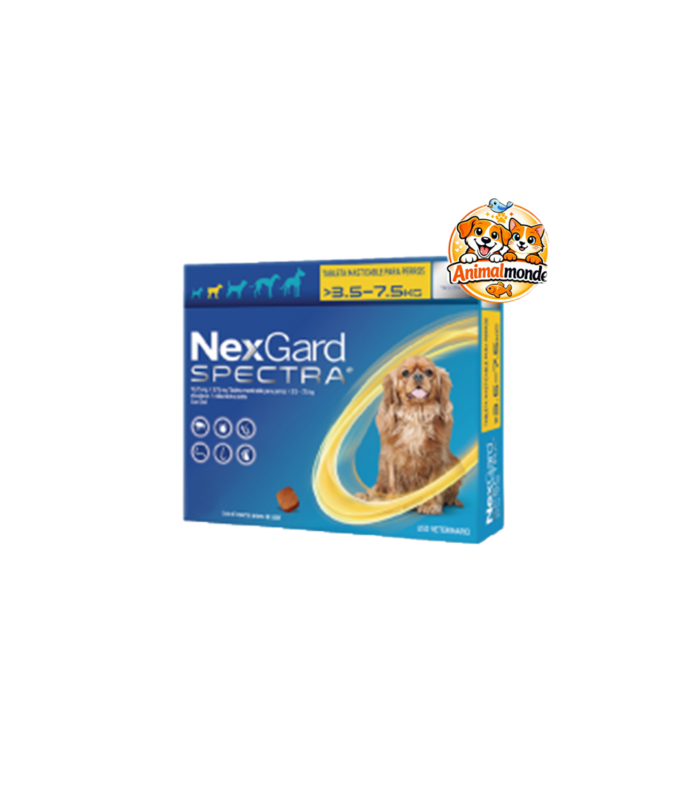 NexGard Spectra Comprimé à Croquer pour Chiens >3,5-7,5 kg Une protection antiparasitaire complète et facile à administrer pour les chiens de 3,5 à 7,5 kg.