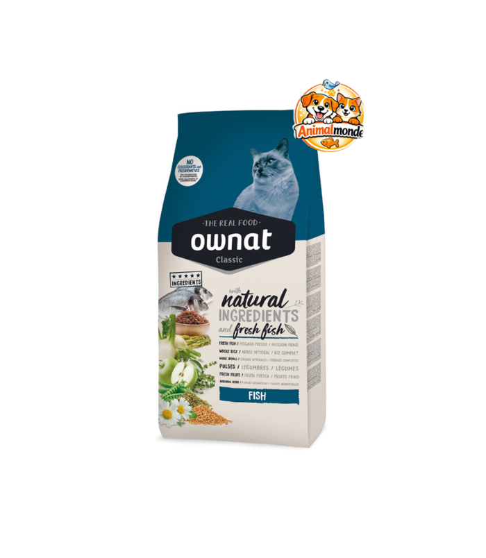 Ownat Classic Fish Une recette au poisson frais et ingrédients naturels pour nourrir votre chat avec qualité et authenticité chaque jour.