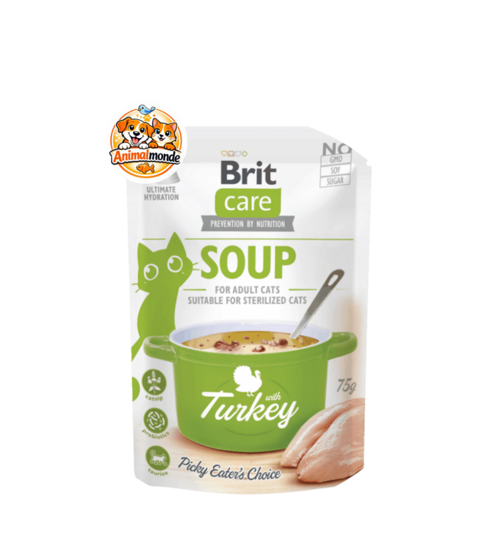 Une délicieuse soupe premium à la dinde enrichie en probiotiques et herbe à chat, idéale pour l'hydratation des chats adultes et stérilisés.