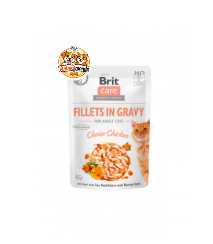 Sachet fraîcheur de délicieux filets de poulet en sauce sans céréales, enrichi en antioxydants naturels pour la vitalité des chats adultes.