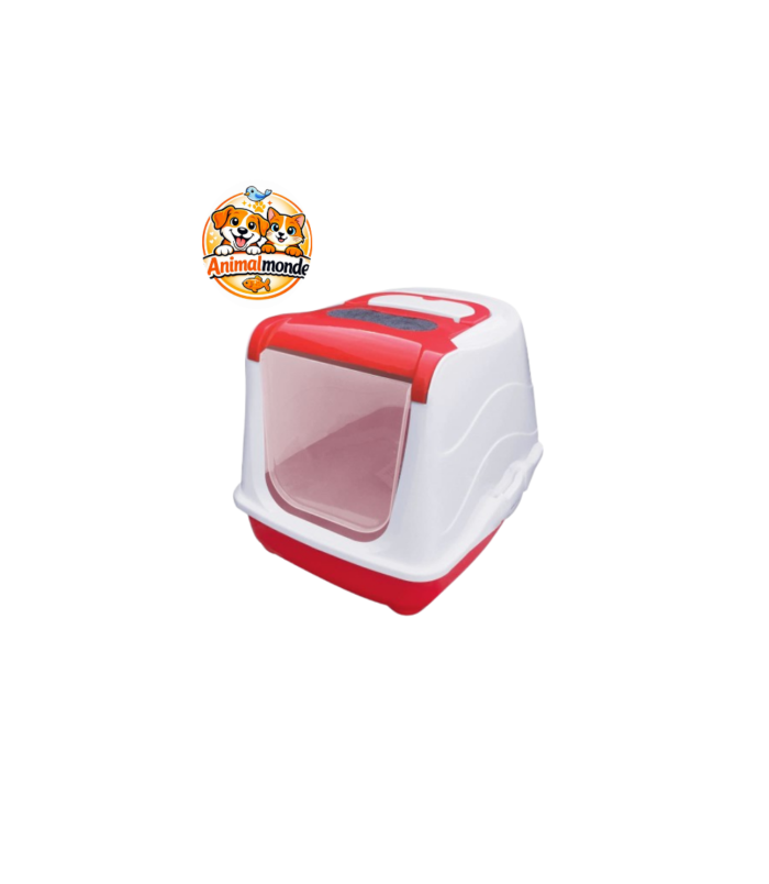 Maison de Toilette Fermée avec Toit Relevable, Pelle et Filtre pour Chat - Rouge