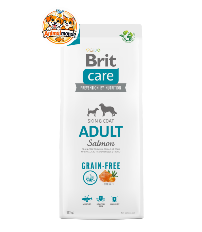 Brit Care Dog Grain-Free Adult Salmon - Skin & Coat Croquettes premium sans céréales au saumon pour chiens adultes de petites et moyennes races, formulées pour sublimer le pelage et protéger la peau.