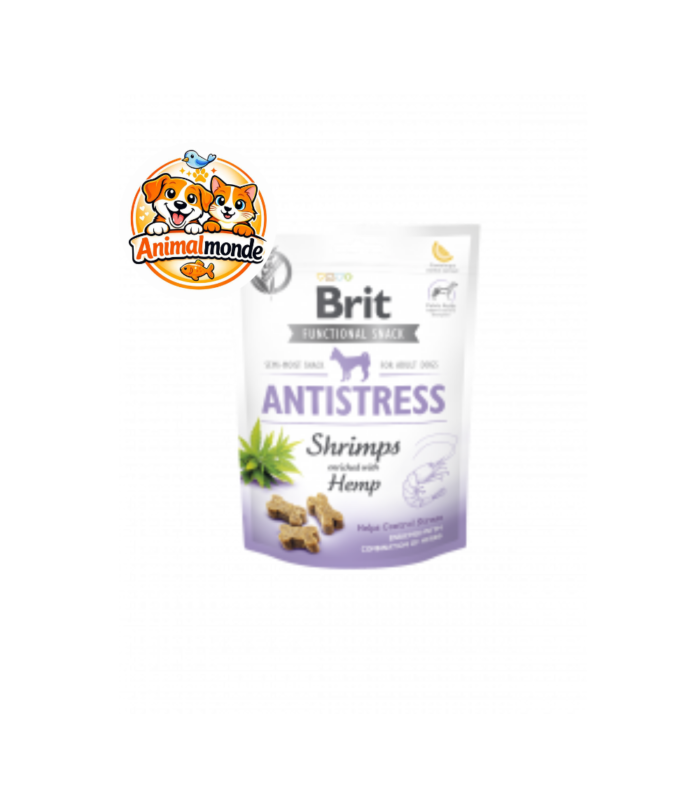 Friandises semi-humides relaxantes aux crevettes et au chanvre pour chiens adultes, idéales pour apaiser le stress naturellement.