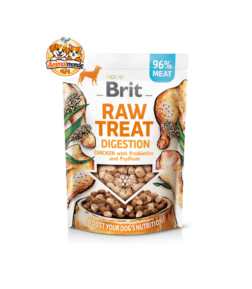 Friandise lyophilisée premium à 96% de poulet, enrichie en probiotiques et psyllium pour réguler le transit intestinal de votre chien.