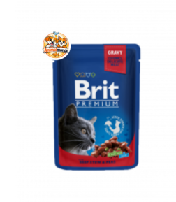 Savoureuses bouchées en sauce au bœuf et aux petits pois cuites à la vapeur, pour l'énergie et la bonne digestion des chats adultes.