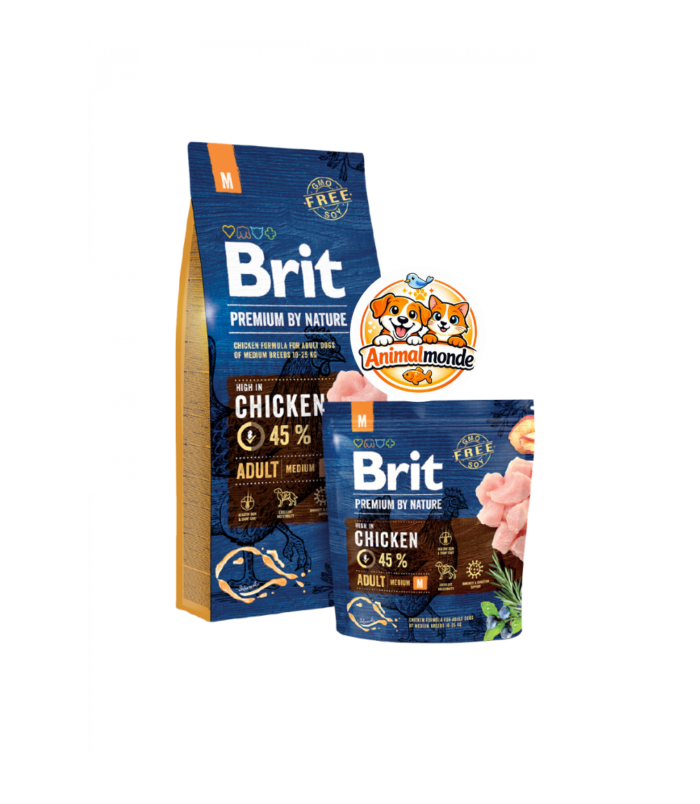 Brit Premium By Nature Adult Medium M Chicken Formula Croquettes premium au poulet hautement digestibles pour chiens adultes de taille moyenne, favorisant la vitalité et un pelage éclatant.