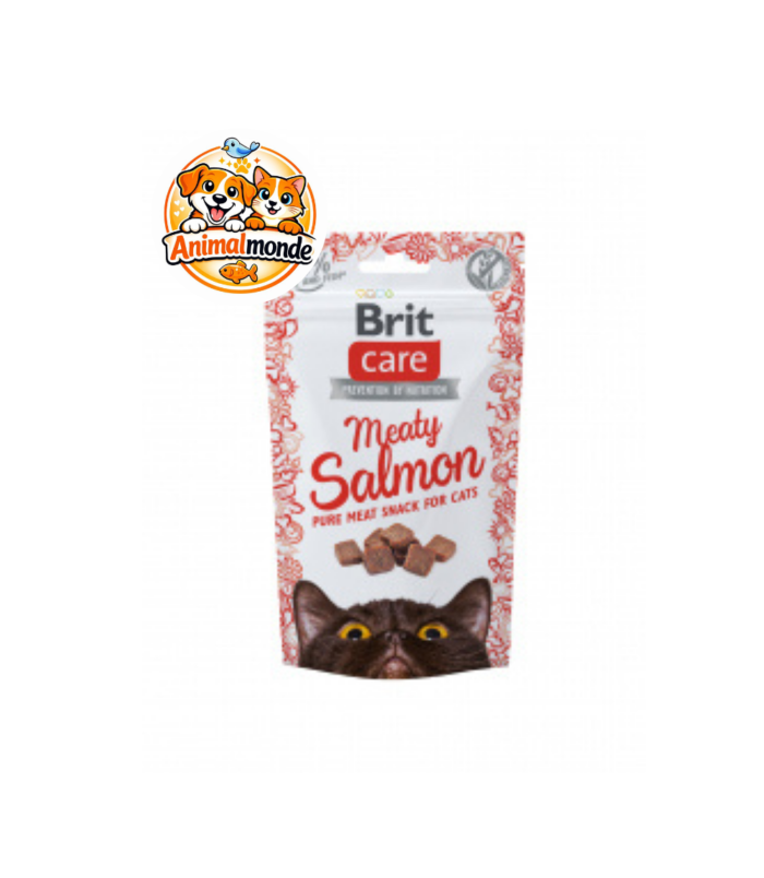 Brit Care Meaty Salmon Pure Meat Snack for Cats Friandises charnues premium à base de 90% de viande et de saumon, parfaites pour régaler sainement votre chat tout en prenant soin de son pelage.