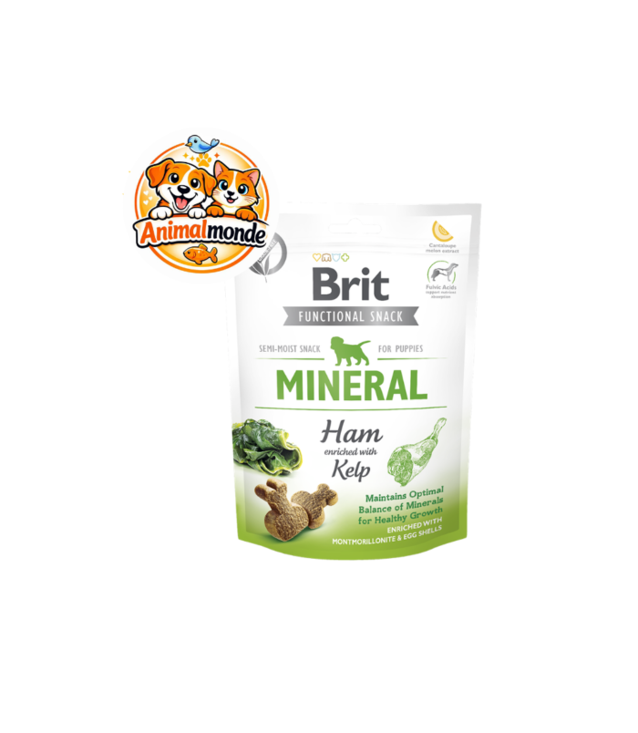 Friandises semi-humides au jambon et au varech pour chiots, enrichies en minéraux essentiels pour soutenir une croissance osseuse optimale.