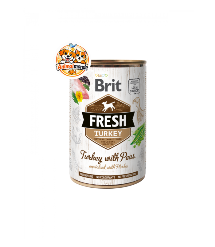 Une délicieuse pâtée holistique à la dinde fraîche et aux petits pois, enrichie en herbes pour la vitalité de votre chien.