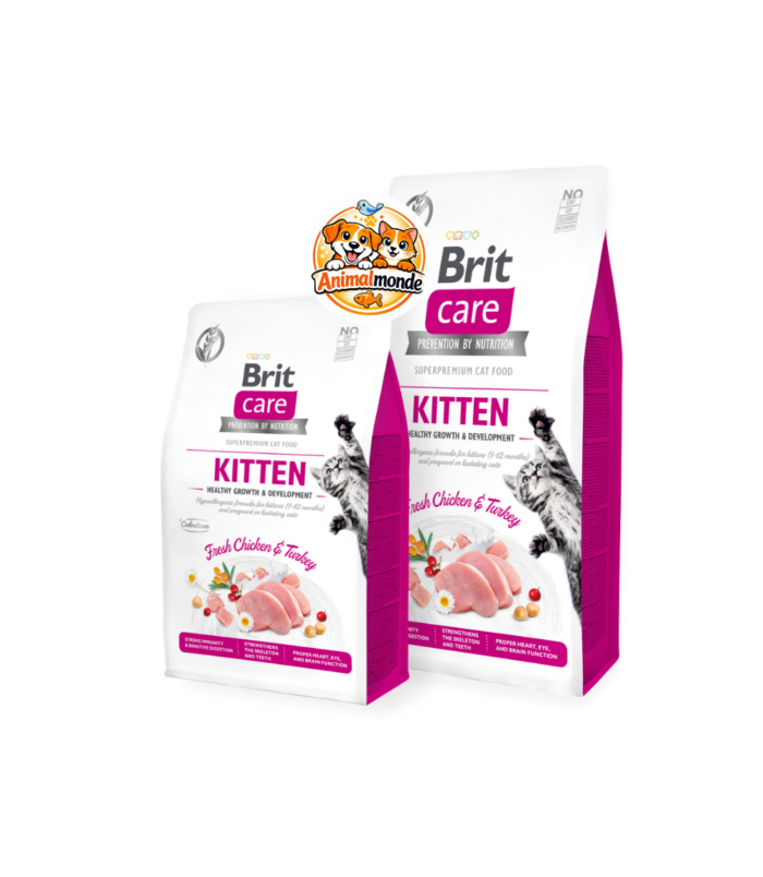 Croquettes hypoallergéniques sans céréales au poulet et à la dinde frais, enrichies en colostrum pour la croissance et l'immunité des chatons.