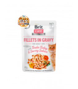 Sachet fraîcheur sans céréales aux filets de dinde et saumon en sauce, enrichi en antioxydants bénéfiques pour chats adultes.