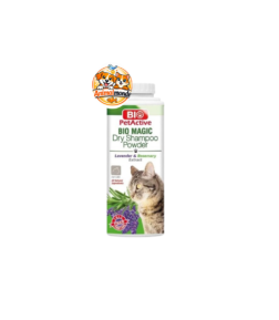 Un shampoing sec en poudre aux extraits de lavande et de romarin pour nettoyer et rafraîchir le pelage des chats sans rinçage.