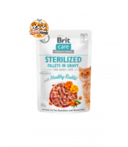 Sachet fraîcheur sans céréales aux filets de lapin en sauce pour chats stérilisés, idéal pour le contrôle du poids et le confort urinaire.