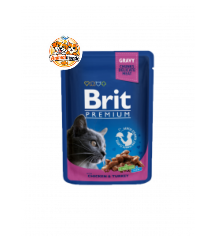 Brit Premium Cat Adult Chunks in Gravy with Chicken & Turkey 100g Savoureuses bouchées en sauce au poulet et à la dinde cuites à la vapeur, idéales pour la vitalité des chats adultes.