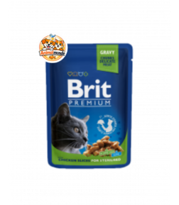 Sachet fraîcheur premium de tendres bouchées de poulet en sauce, idéalement formulé pour préserver la santé et le poids des chats stérilisés.