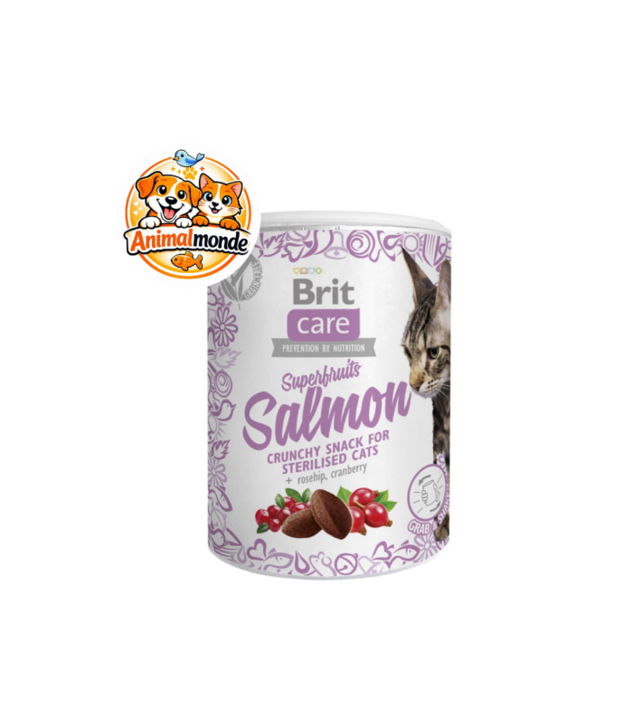 Friandises croustillantes premium au saumon, églantier et canneberge, sans céréales, idéales pour la santé et le plaisir des chats stérilisés.