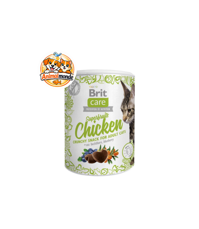 Friandises croustillantes premium au poulet, à l'argousier et à la myrtille, sans céréales, parfaites pour la vitalité des chats adultes.