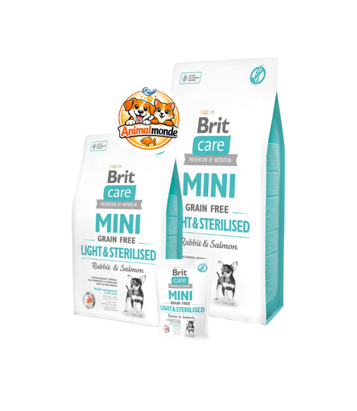 Une alimentation sans céréales et allégée au lapin et saumon pour réguler le poids et protéger les voies urinaires des chiens miniatures stérilisés